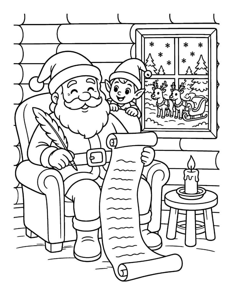 Sample coloring page: Santa in his armchair writing on a long list by the window, with an elf beside him.
