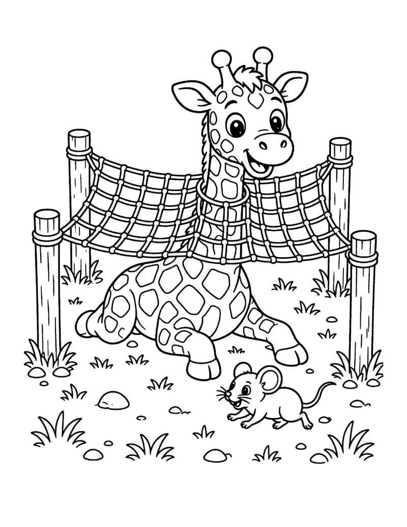 Sample coloring page: a giraffe crawling under the rope net on the camp obstacle course, with a little mouse nearby.