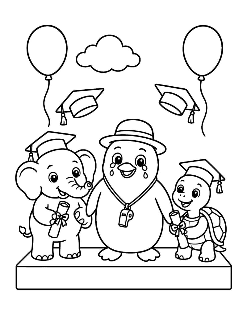 Sample coloring page: animal campers in graduation caps celebrating with balloons.