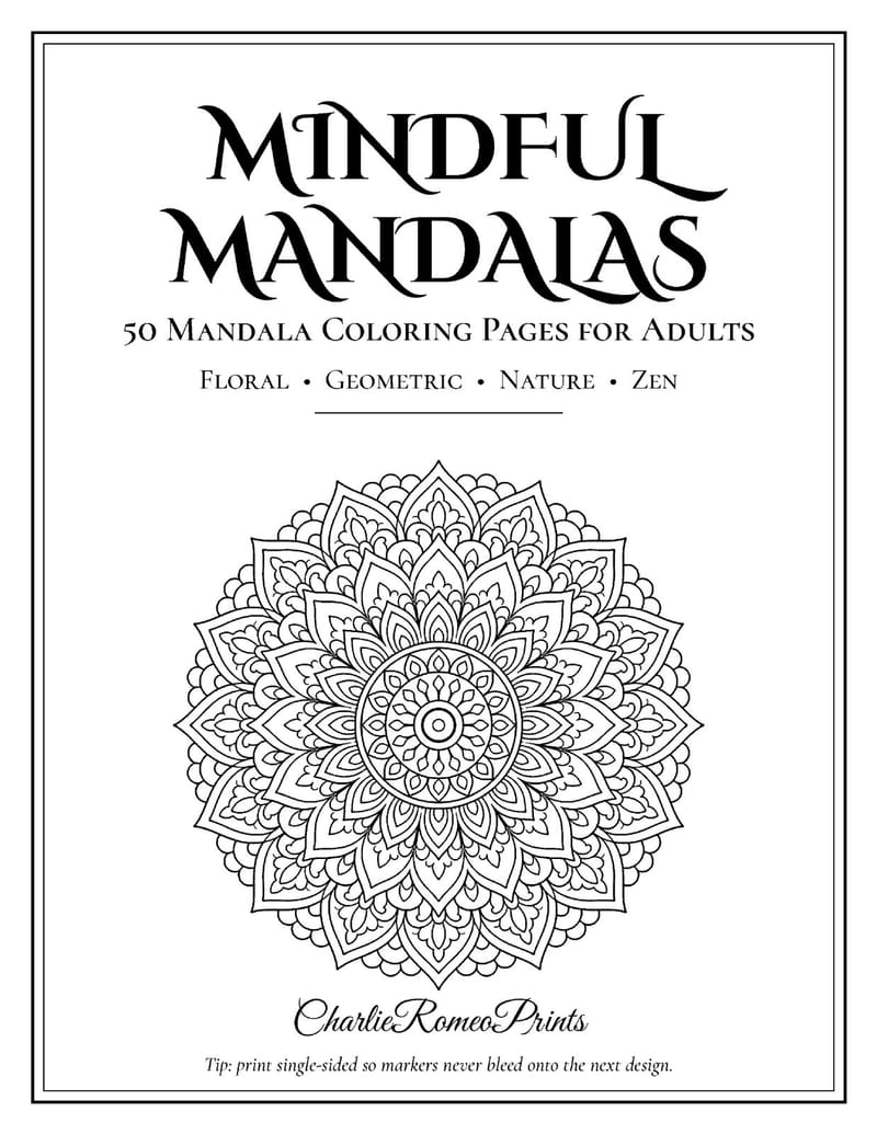Cover page of Mindful Mandalas, a mandala coloring book for adults.