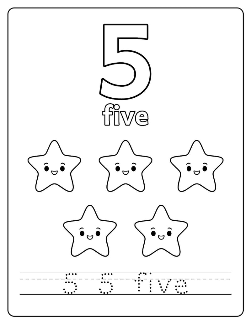 Sample page: a big number 5 with five stars to color and dotted tracing lines for "5 five".
