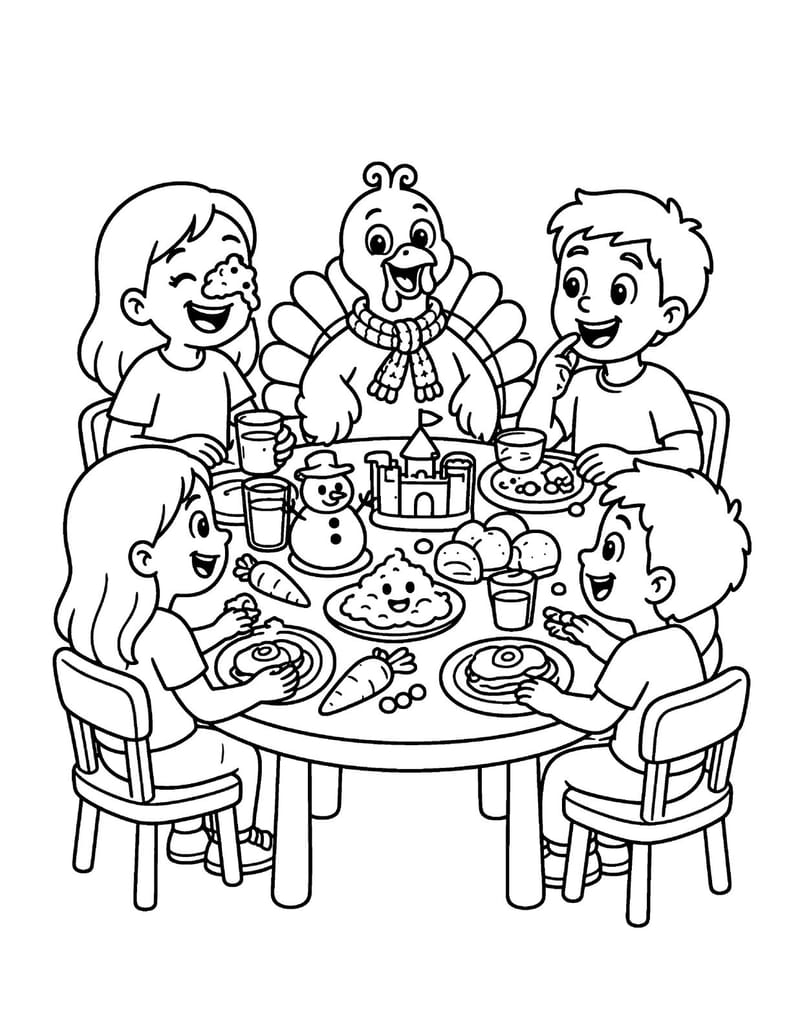 Sample coloring page: kids and a turkey making mashed potato sculptures at the Thanksgiving table.