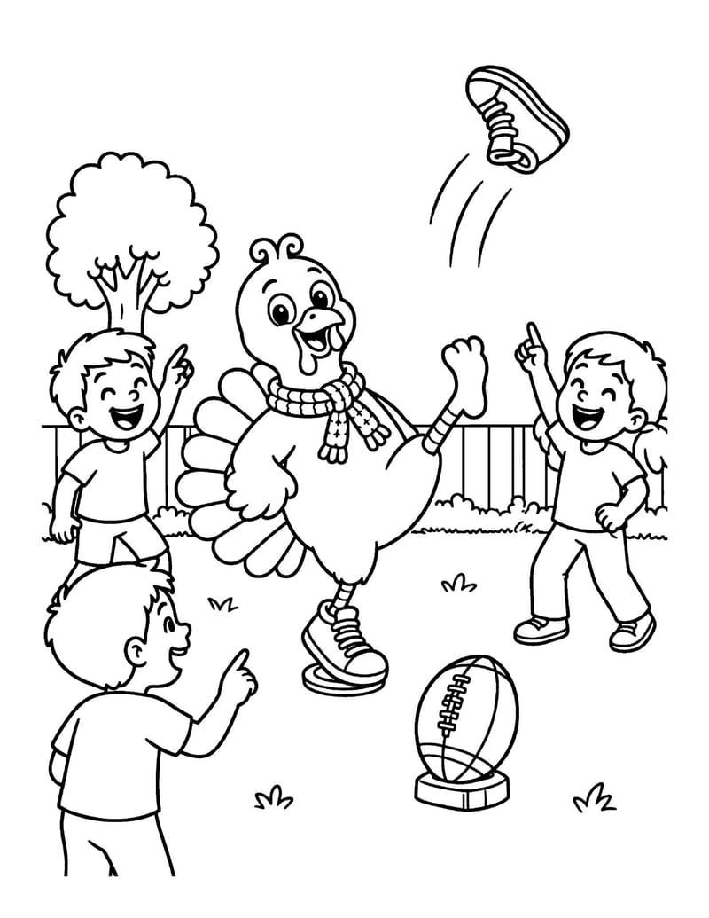 Sample coloring page: Tom the turkey kicks his sneaker off instead of the football while kids cheer.